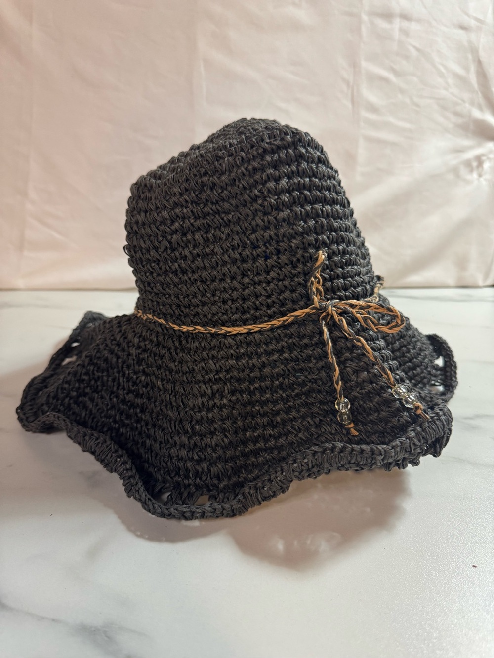 Chubby Plucks Womens Black Paper Straw Floppy Sun Hat Wide Brim Boho 57.5cm